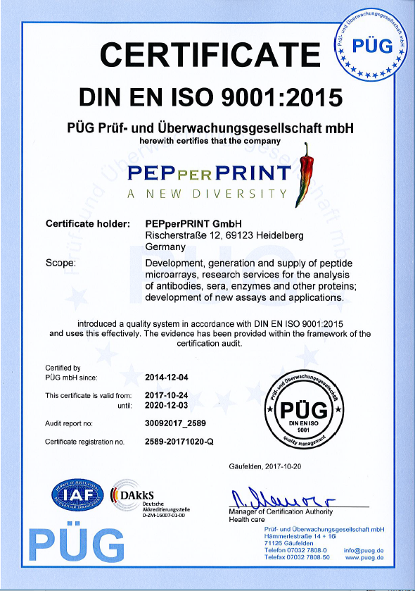 PEPperPRINT Quality Certificate for PEPperPRINT